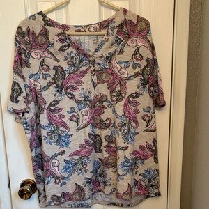 Women's Denim &Co Linen Blend Flutter Sleeve Printed Top Stone Paisley 2X